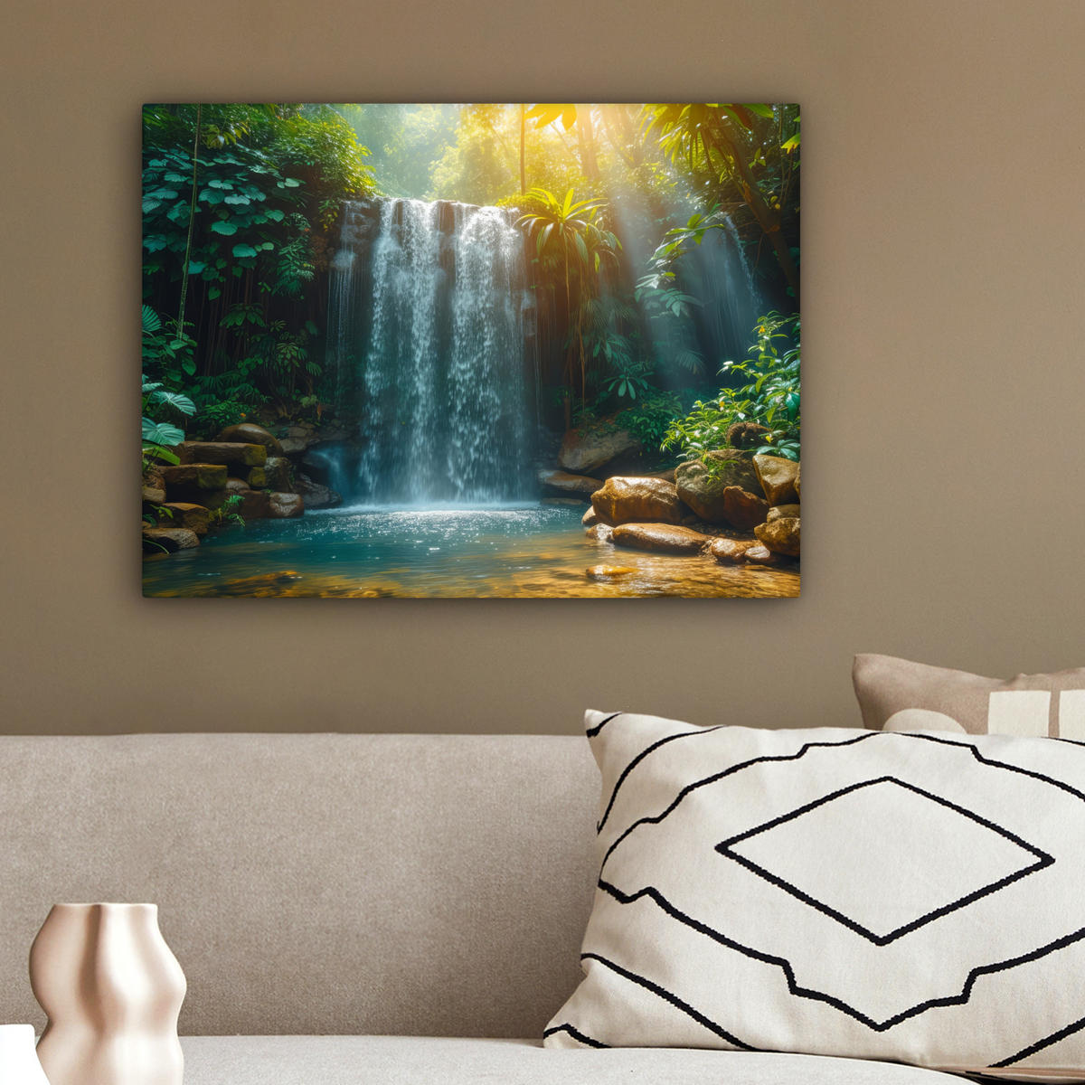 LEINWANDBILD Wasserfall - Dschungel - Sonne - Grün - Natur 40x30 cm - Grün, Textil (40/30cm) - MuchoWow