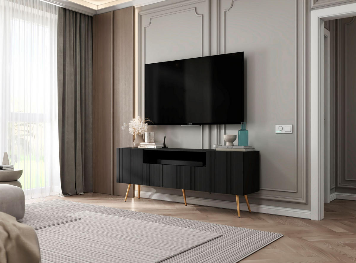 TV-SCHRANK Elpis2 Schwarz Matt mit goldenen Metallbeine Glamour 150 cm - Goldfarben/Schwarz, Holzwerkstoff/Metall (150/60.5/36.5cm) - Meble Lindner