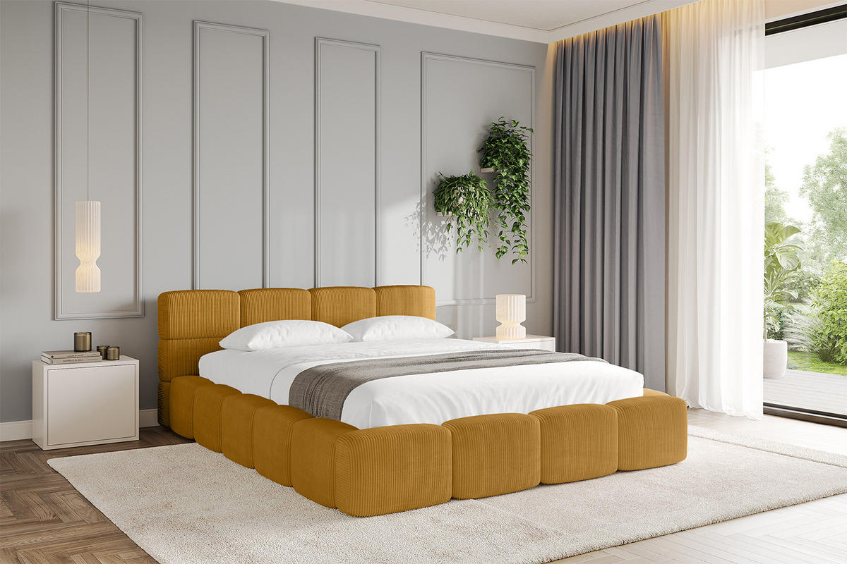 POLSTERBETT mit Bettkasten und Lattenrost, Bett mit Matratze H3/H4, Kopfteil, Boxbett, Doppelbett mit Stauraum - NATA-v1 200x200 Senfgelb - Kupferfarben, Holzwerkstoff/Textil (200/200cm) - ALTDECOR
