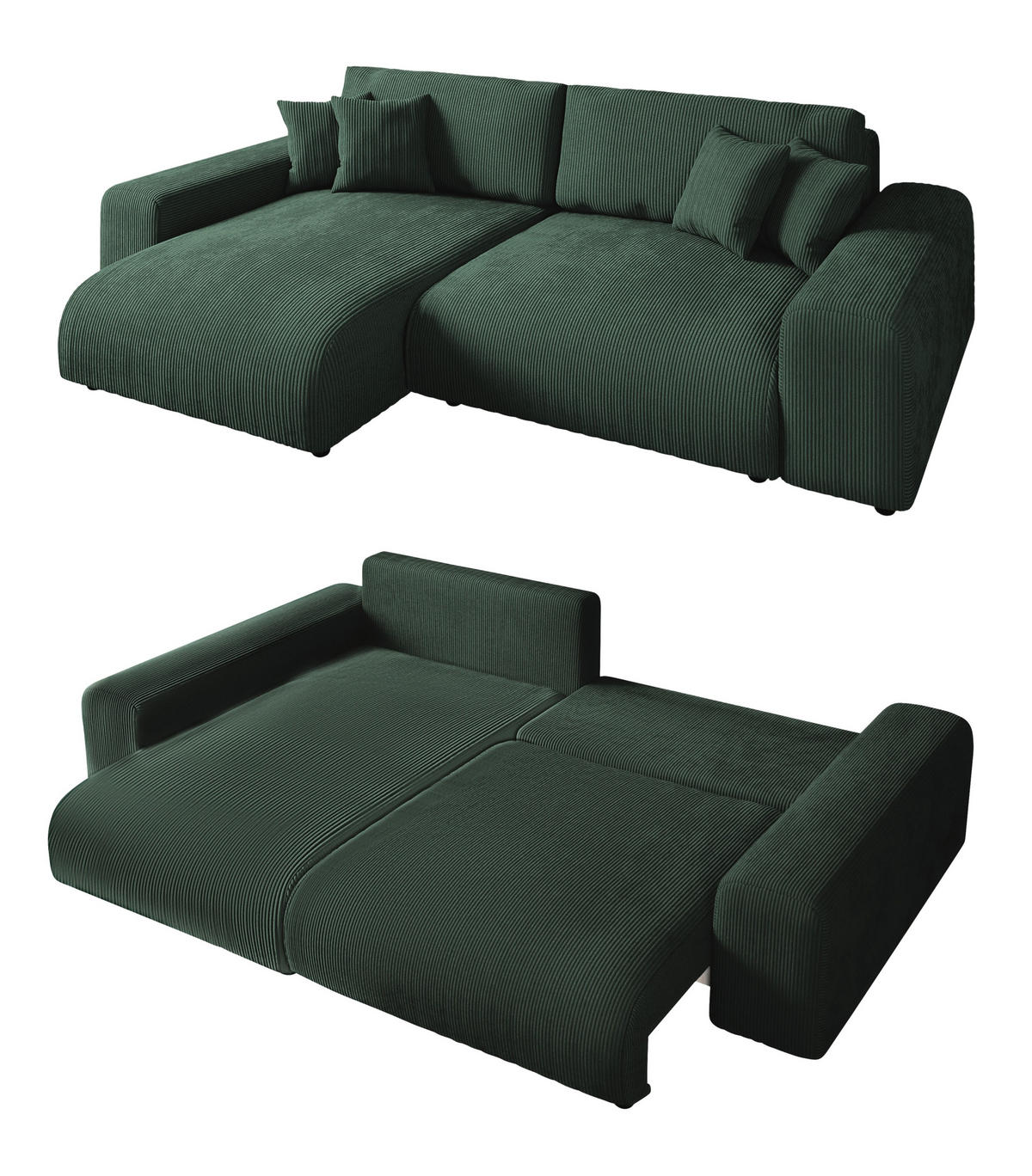 ECKSOFA mit Schlaffunktion, Bettkasten, Wellenunterfederung, seitenverkehrt montierbar B255/T165/H84 cm, Liegefl. 148x196 cm, Cord Grün / 21005 - Schwarz/Grün, Kunststoff/Textil (255/165cm) - luma-home