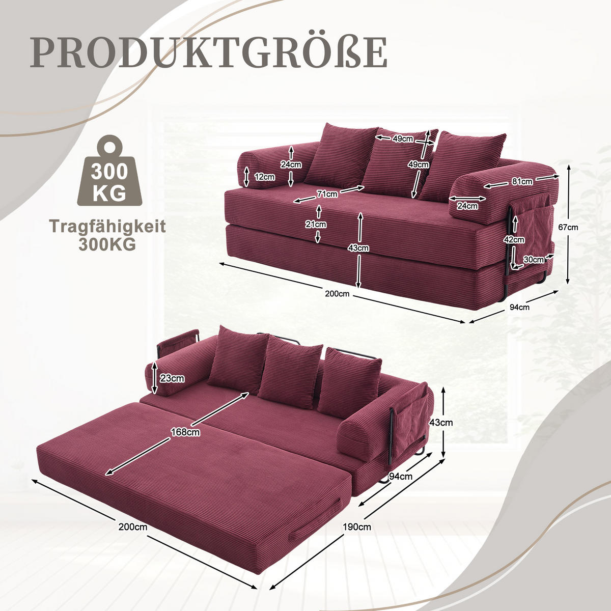 SCHLAFSOFA, Modulares Tagesbett mit Metallgestell, Klappbares Bodensofa Cordstoff, Weinrot - Weinrot, Textil (94/67/200cm) - LVHOM