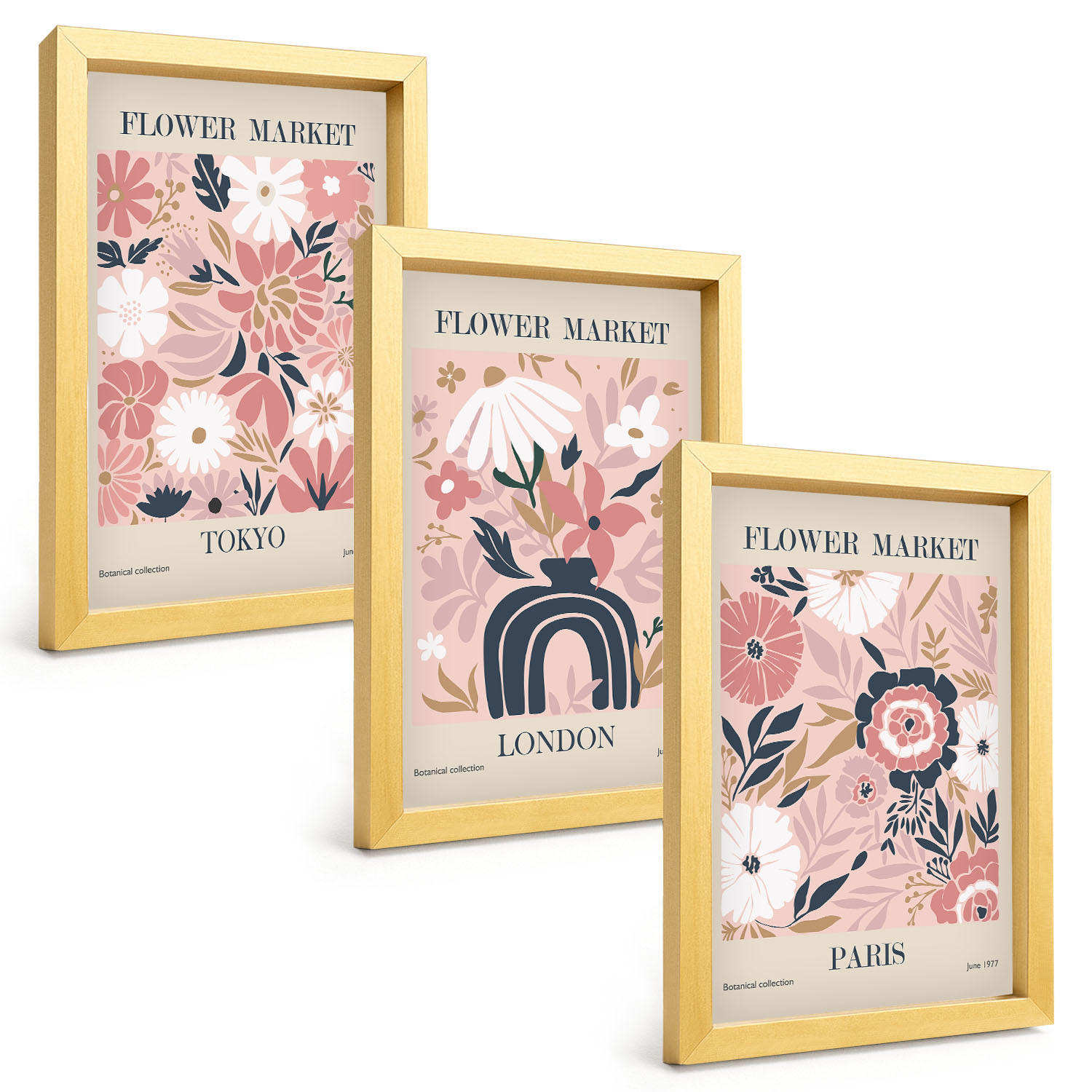 BILDER SET 3er Set - 20x30 cm Goldrahmen - Blumenmotive Tokio London Paris - Goldfarben, Kunststoff (20/30cm) - TULUP