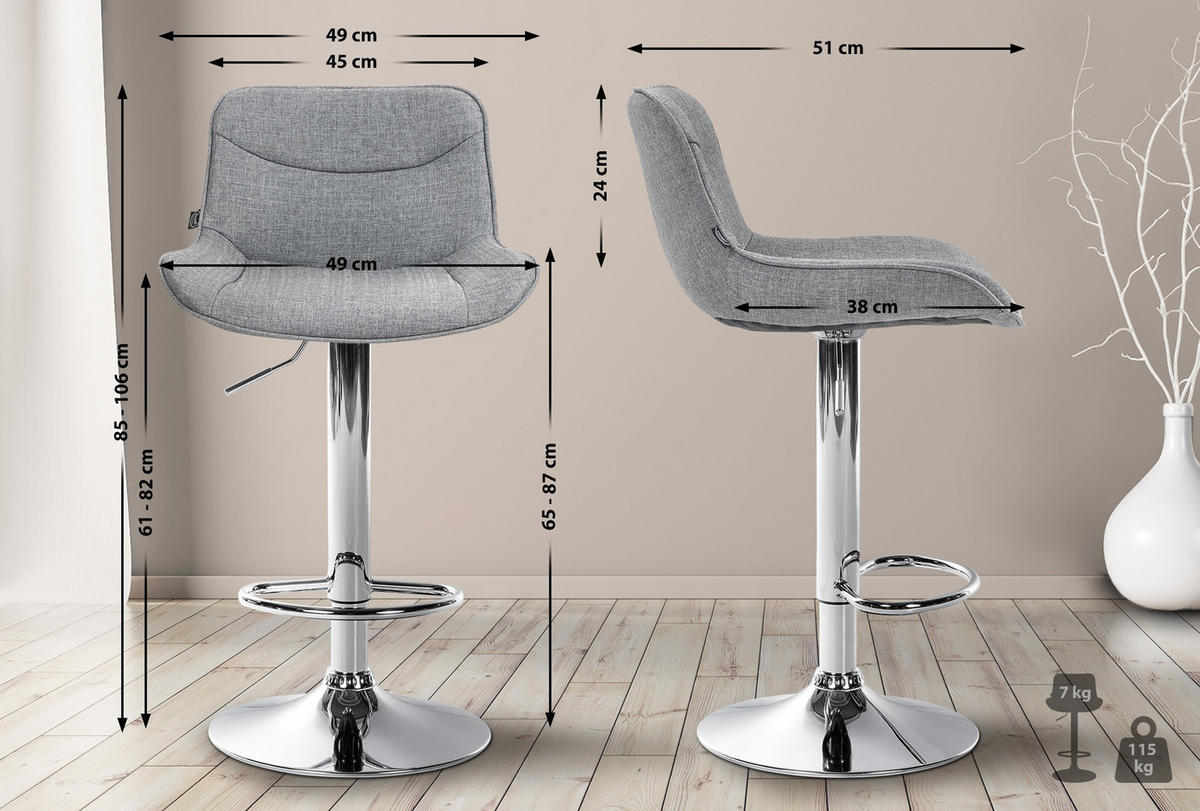 BARHOCKER 2er Set Vulcano Stoff chrom grau - Chromfarben/Grau, Textil/Metall (49/106/51cm) - TPFLiving