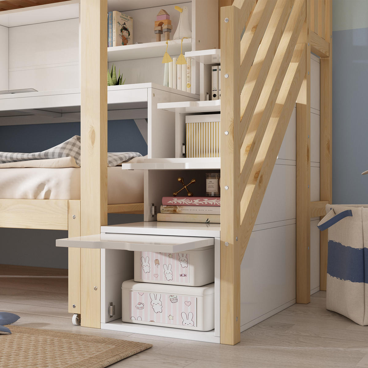 ETAGENBETT 90x200/90x190 cm Weiß Eiche mit Ausziehbett - Eichefarben/Weiß, Holz (90/200cm) - FLIEKS