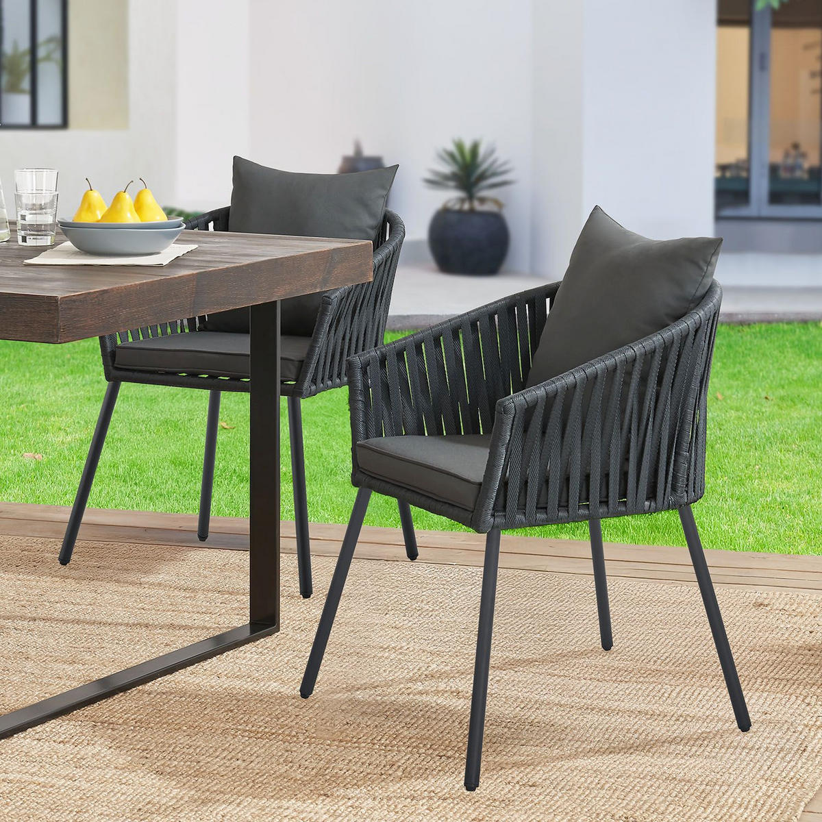 GARTENSTUHL Rope dunkelgrau inkl. Kissen (2er-Set) - Grau, Metall (58/80/58cm) - Juskys