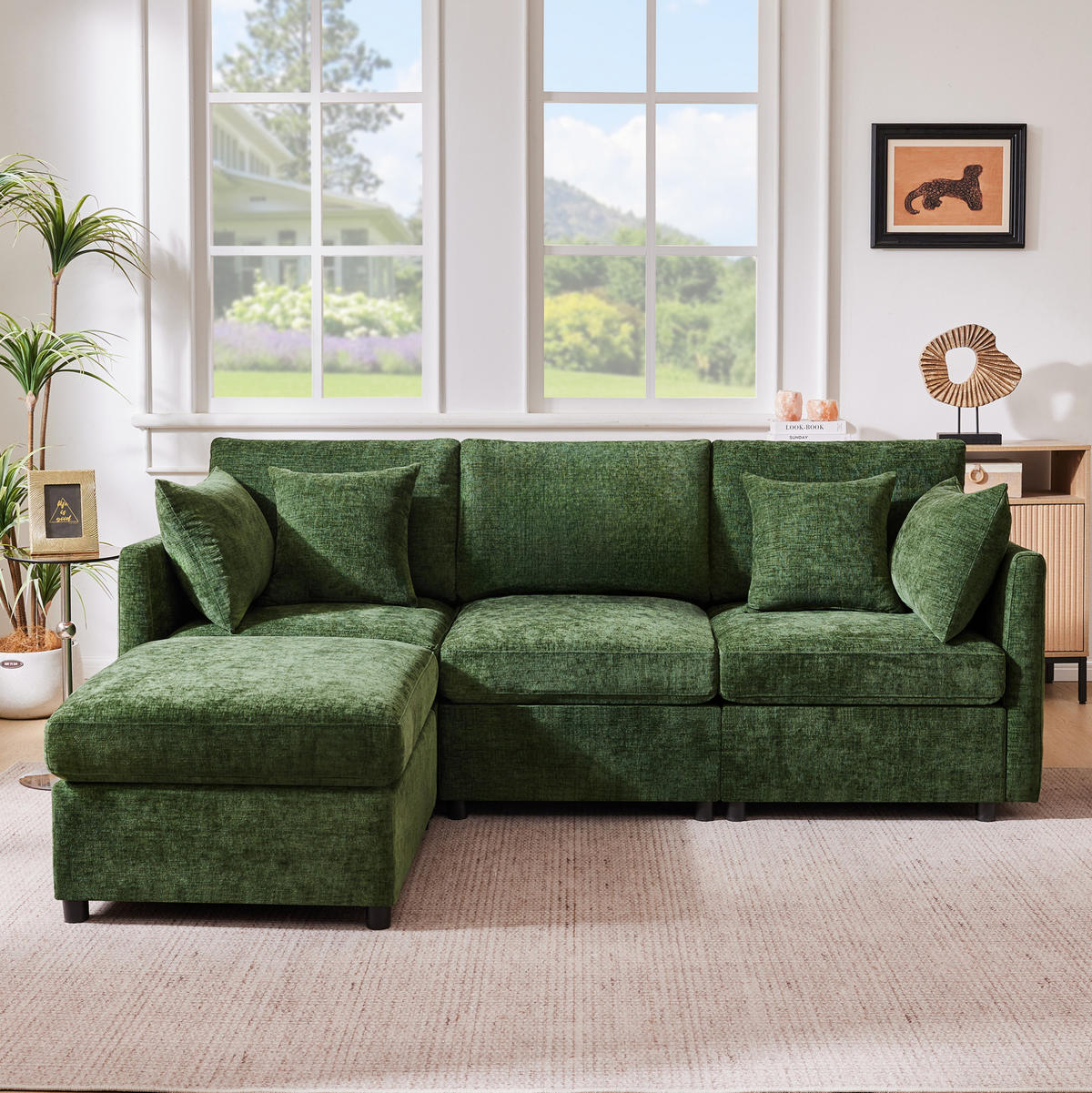 ECKSOFA 216/161/81 cm grün aus Chenille modular mit Hocker - Grün, Textil (161/216cm) - OKWISH