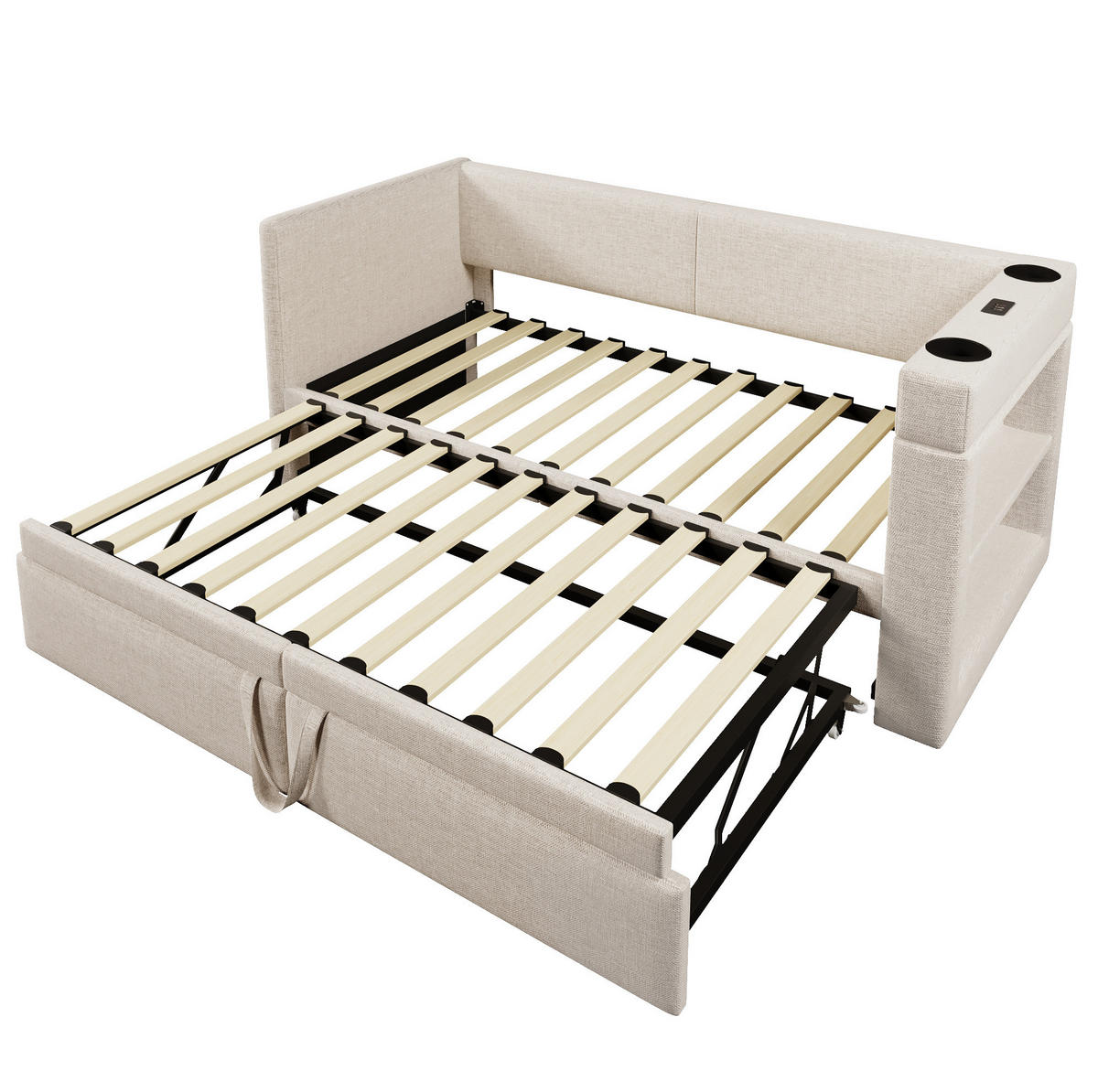 POLSTERBETT 90/200 cm mit Ausziehbett, USB-C und Getränkehaltern, Beige - Beige, Textil (90/200cm) - BEAOK