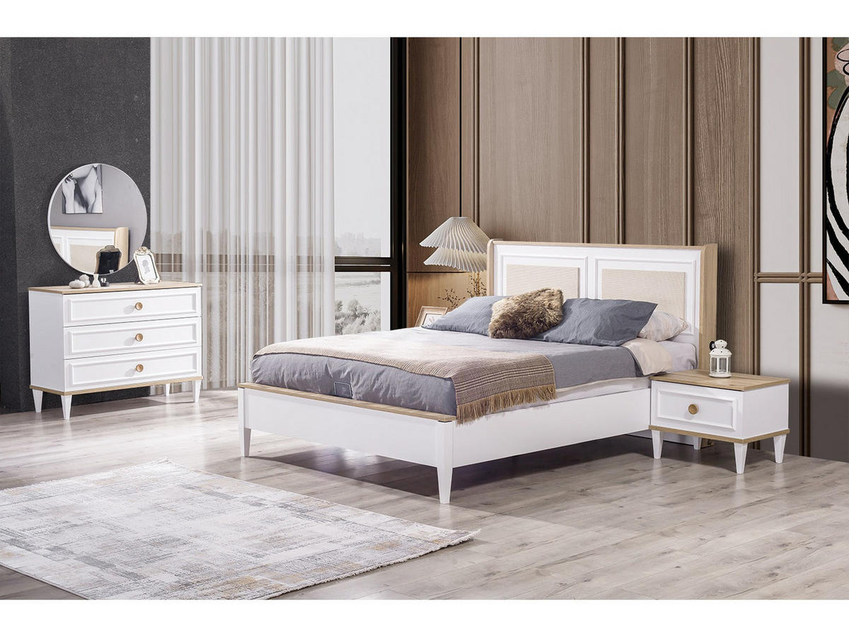 SCHLAFZIMMER AFRIN Schlafzimmer-Set, 4-teilig, Weiß, Bett mit Kopfteil 2 Nachttischen und Kommode - Weiß, Holzwerkstoff (160/119/200cm)