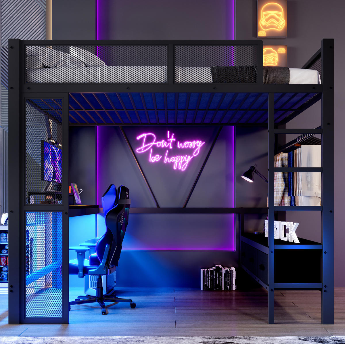 HOCHBETT 140/200 cm mit LED, USB, Schreibtisch und Schubladen - Schwarz, Metall (140/200cm) - MIVRAY