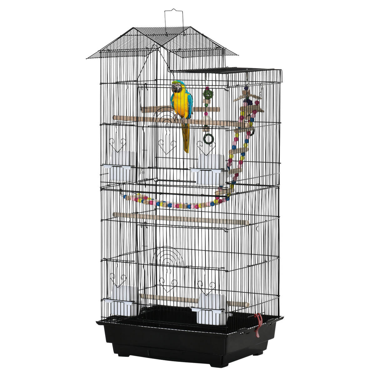 VOGELKÄFIG DE-17811 4 Futterhäuschen & 3 Sitzstangen - Schwarz, Metall (36/100/46cm) - ComfortXL