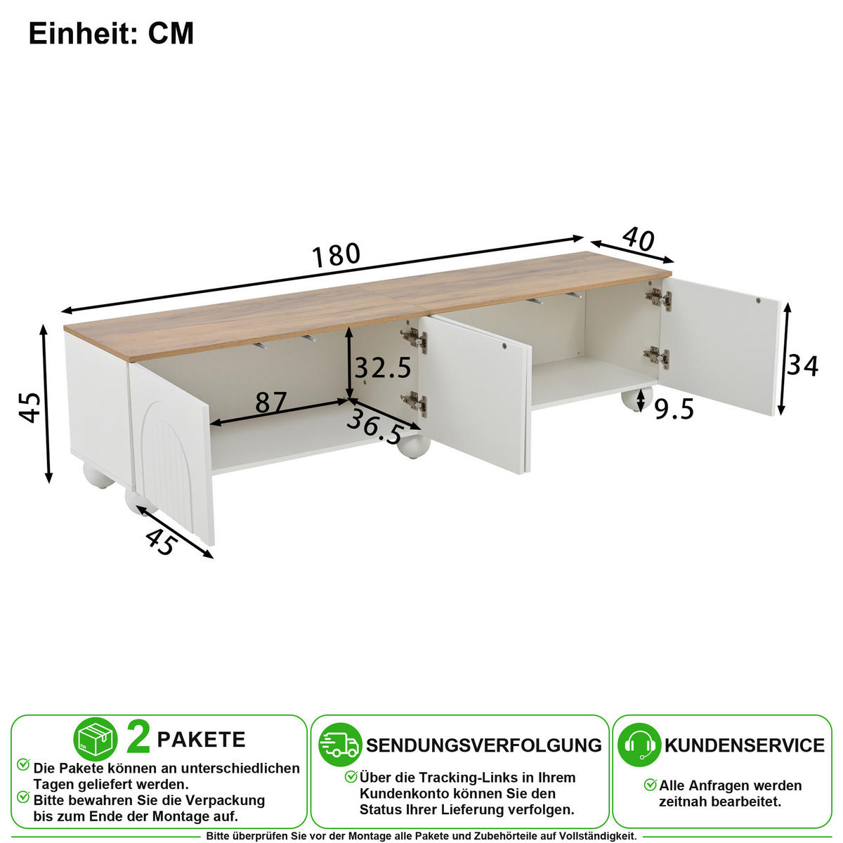 TV-LOWBOARD in Weiß-Holzoptik 180/40/45 cm aus MDF mit 4 Türen, Metallbeinen und Stauraum - Eichefarben/Weiß, Holzwerkstoff/Metall (180/45/40cm) - CHICFURN