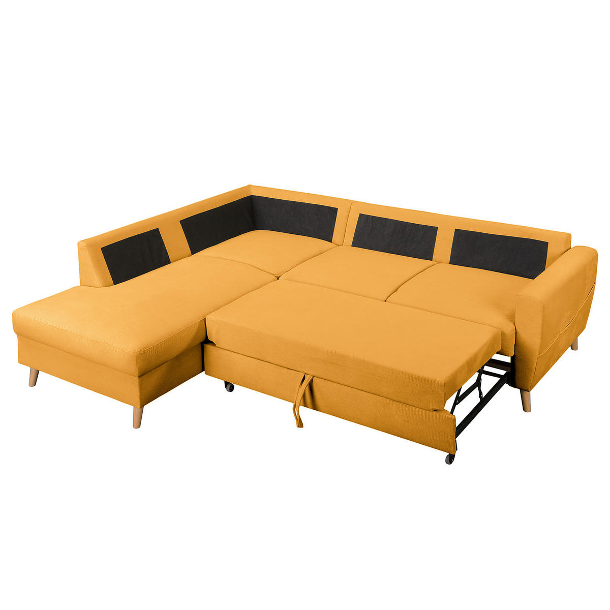 ECKSOFA mit Ottomane - Gelb/Braun, Holz/Textil (230/200cm) - home24