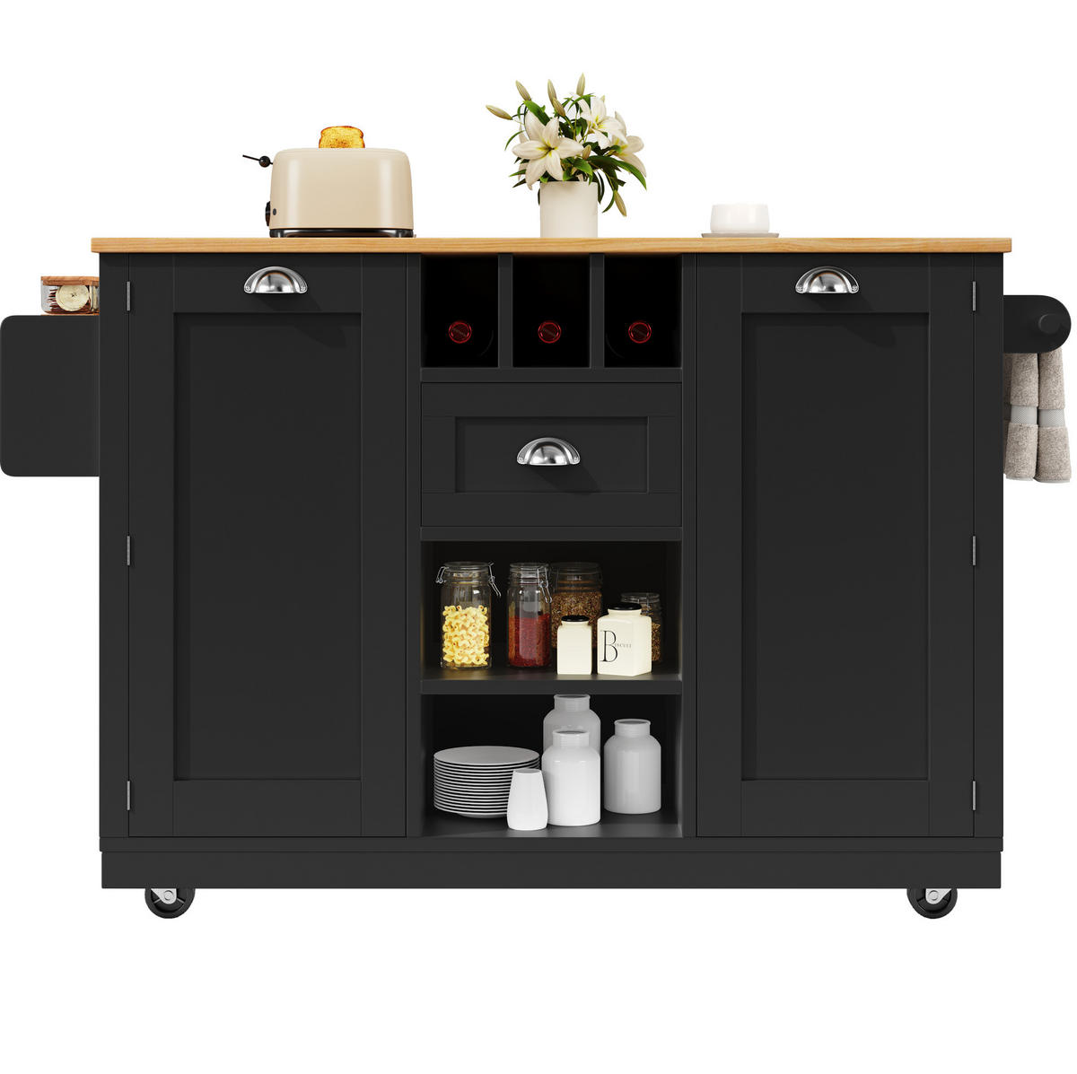 KUCHYŇSKÝ ostrůvek 140/70/93,5 cm černý z MDF s výklopnou deskou, koly a držákem na ručníky - černá, kompozitní dřevo (140/93.5/40cm) - OKWISH