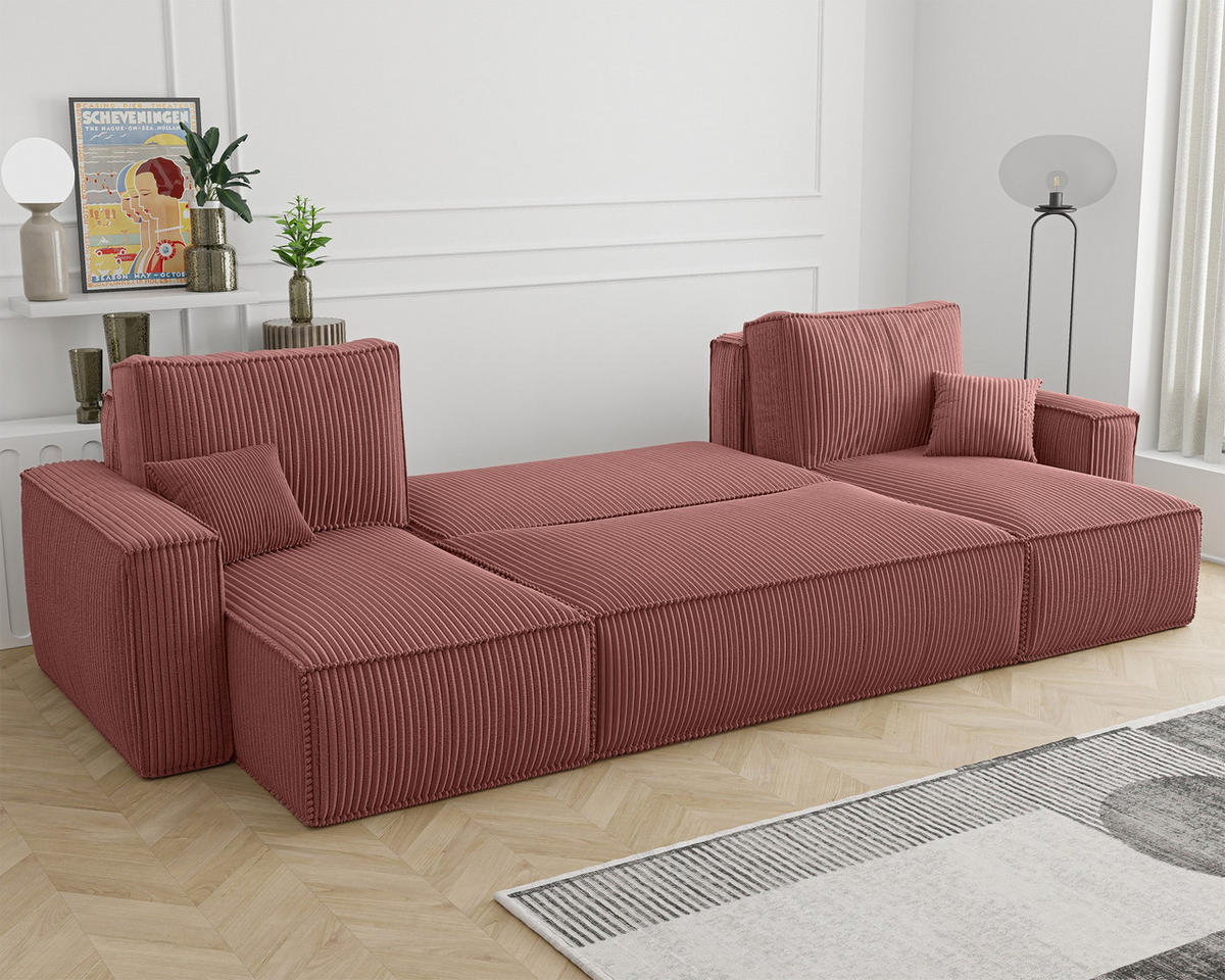 WOHNLANDSCHAFT Scarlo Dunkelrosa Cordbezug - Dunkelrosa/Schwarz, Kunststoff/Textil (244/83/145cm) - Selsey