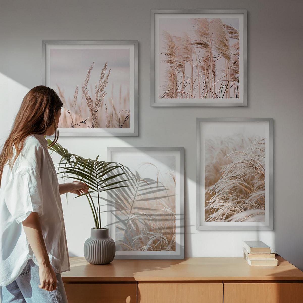 BILDER SET 4er Set - 50x50 cm & 40x60 cm Silberner Rahmen - Grasfelder in Braun- und Beigetönen - Silberfarben, Kunststoff (50/50cm) - TULUP