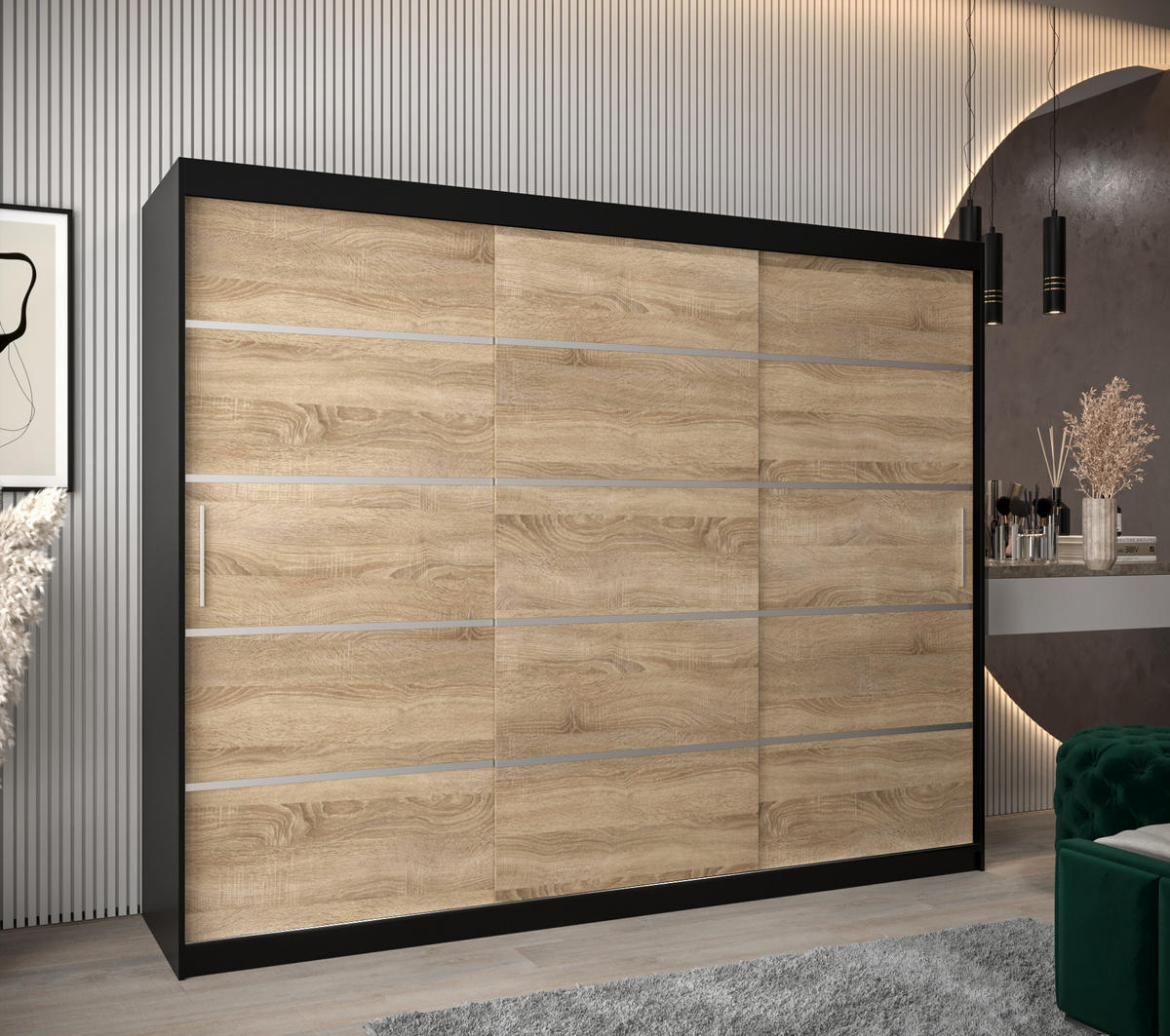 SCHWEBETÜRENSCHRANK 200/250/62 3-türig - Silberfarben/Schwarz, Holz/Kunststoff (250/200/62cm) - Abiks Möbel