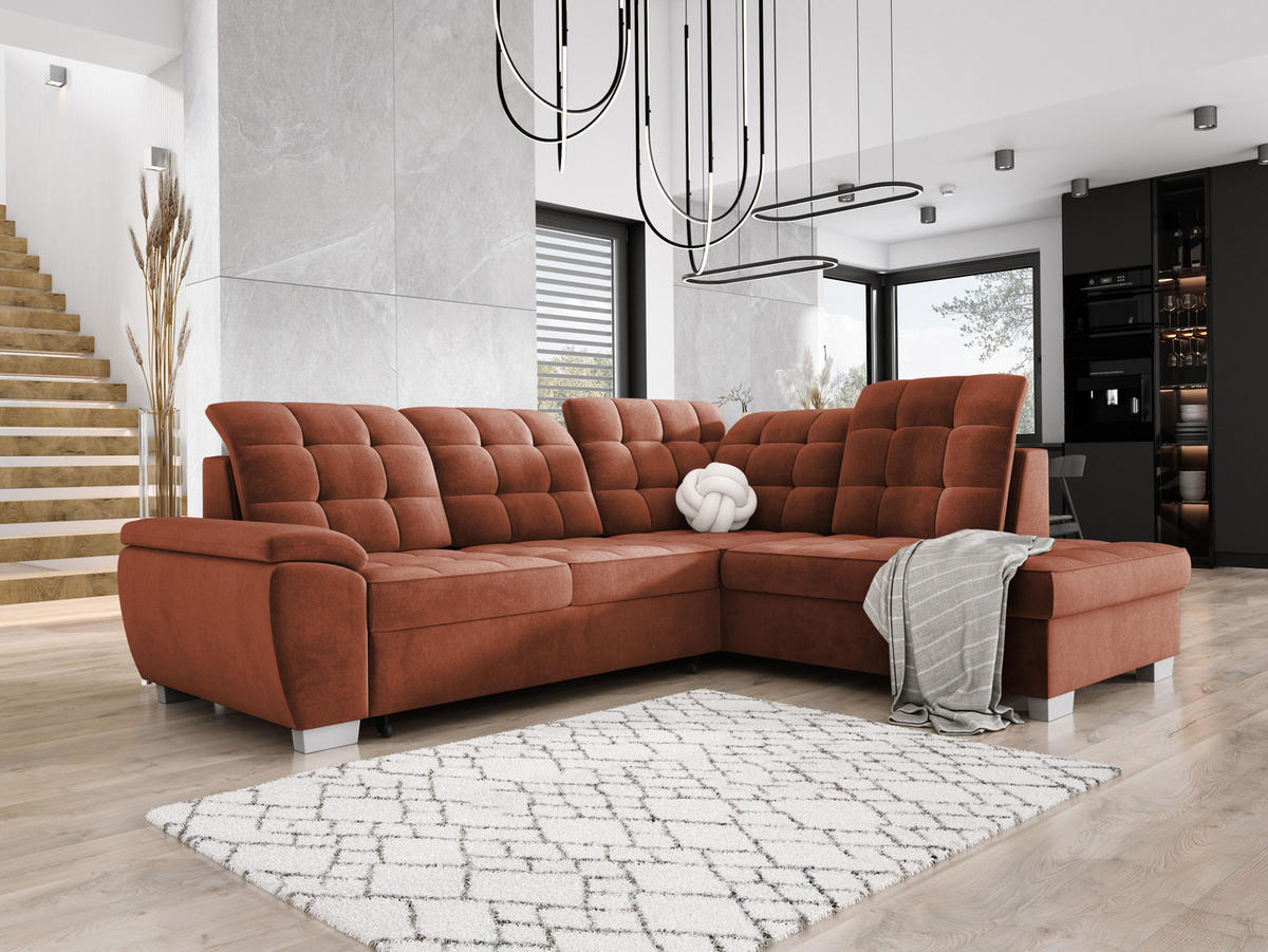 ECKSOFA LOTTA SALVADOR Bettkasten verstellbare Kopfstützen hochwertige Verarbeitung lose Rückenkissen freistehend RECHTS 258x212x106 cm Bordeaux - Bordeaux, Holz/Textil (258/212cm) - DomoHome
