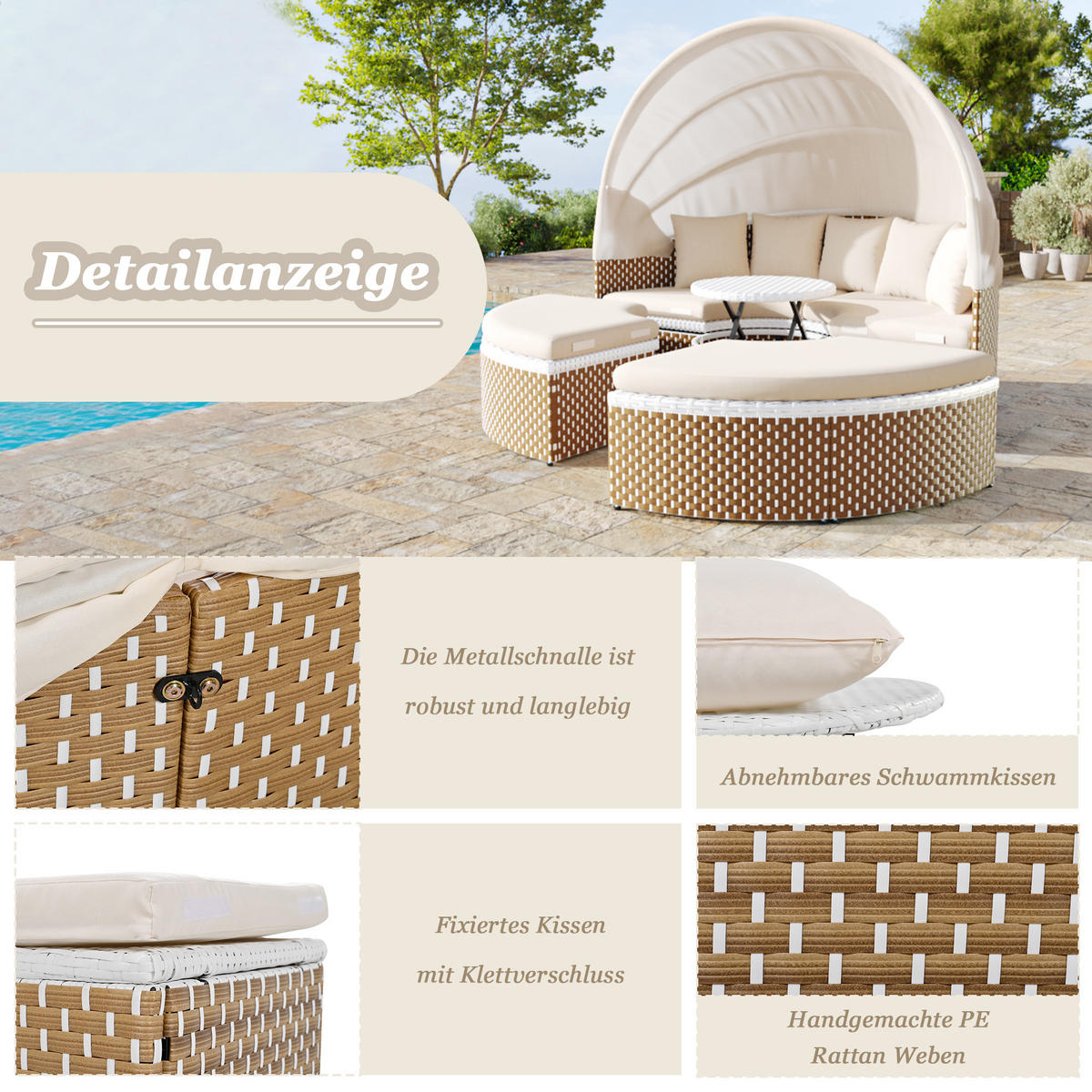 SONNENINSEL Beige Rattan Mit Ausziehbarem Baldachin & Tisch - Beige, Naturmaterialien (170/142/170cm) - FLIEKS