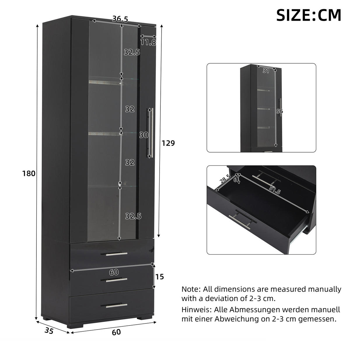 VITRINE, LED, 3 Schubladen, Hochglanz, Schwarz, 60x35x180cm - Schwarz, Holzwerkstoff (35/180/60cm) - FLIEKS