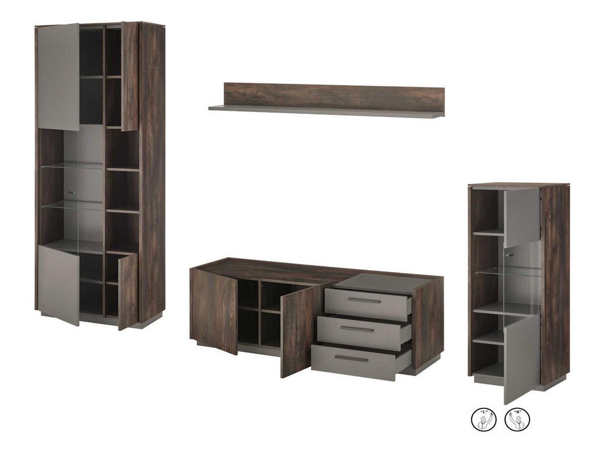 WOHNWAND Thermo Eiche, grau, Wohnkombination 4-teilig mit Soft-Close 352 x 200 cm - Eichefarben/Grau, Holzwerkstoff/Metall (352/200/45cm) - Furn.Design