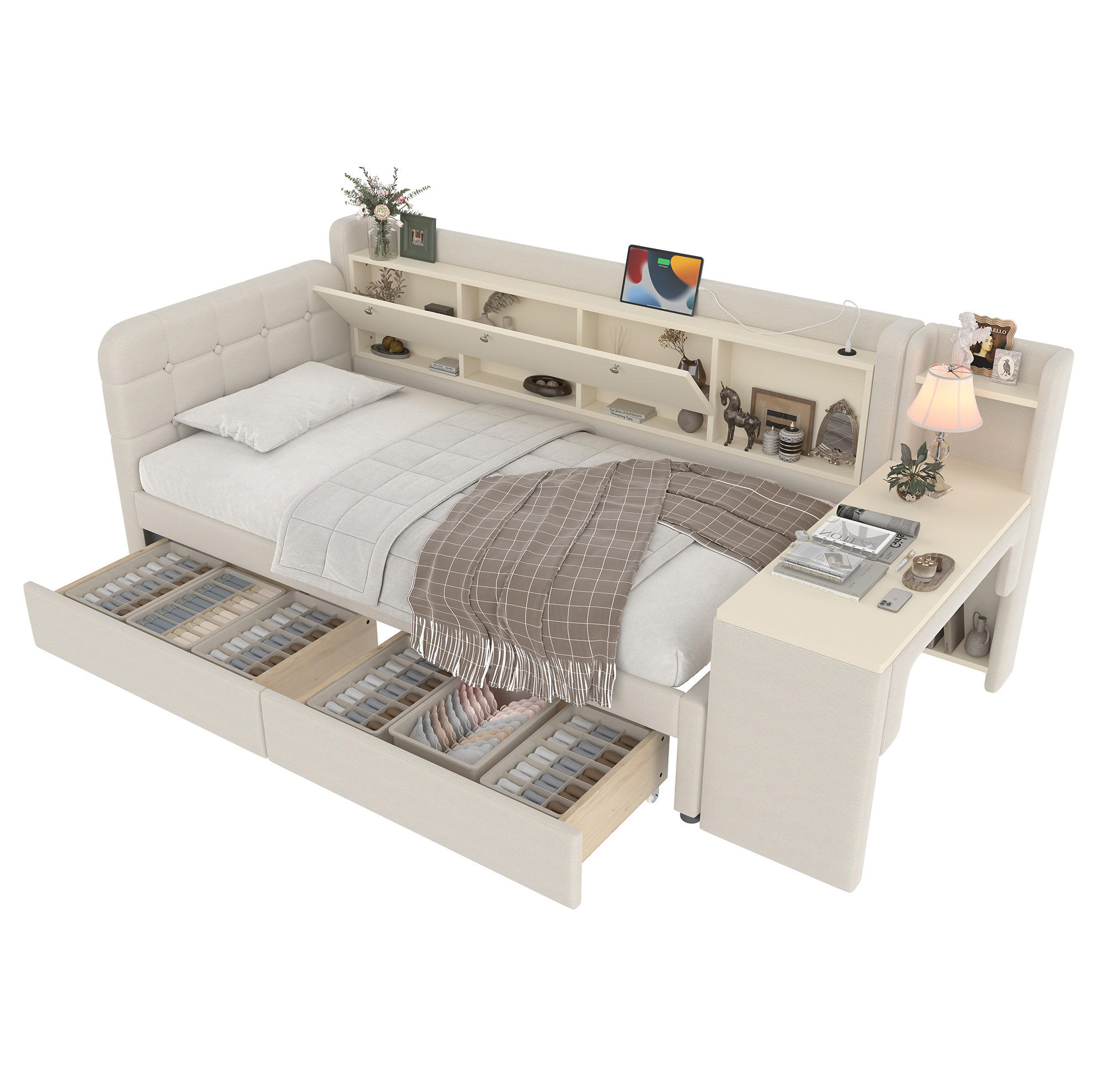 Modfu DENNÍ postel z lněné tkaniny 90x200 cm béžová s psacím stolem, 2 zásuvkami, USB-C a úložným prostorem