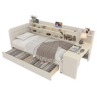 POLSTERBETT aus Leinen 90x200 cm in Beige mit Schreibtisch & 2 Schubladen - Beige, Textil (90/200cm) - Modfu