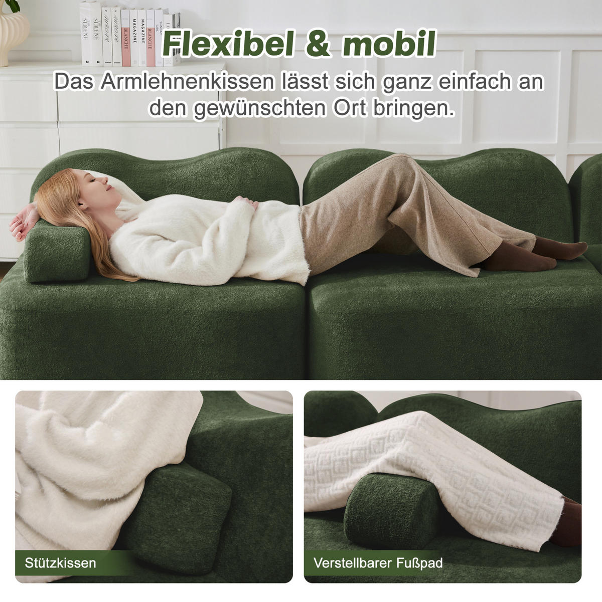 SOFA modular mit tiefer Sitzfläche Samt Grün - Grün, Holzwerkstoff (98/70/288cm) - Meubliv