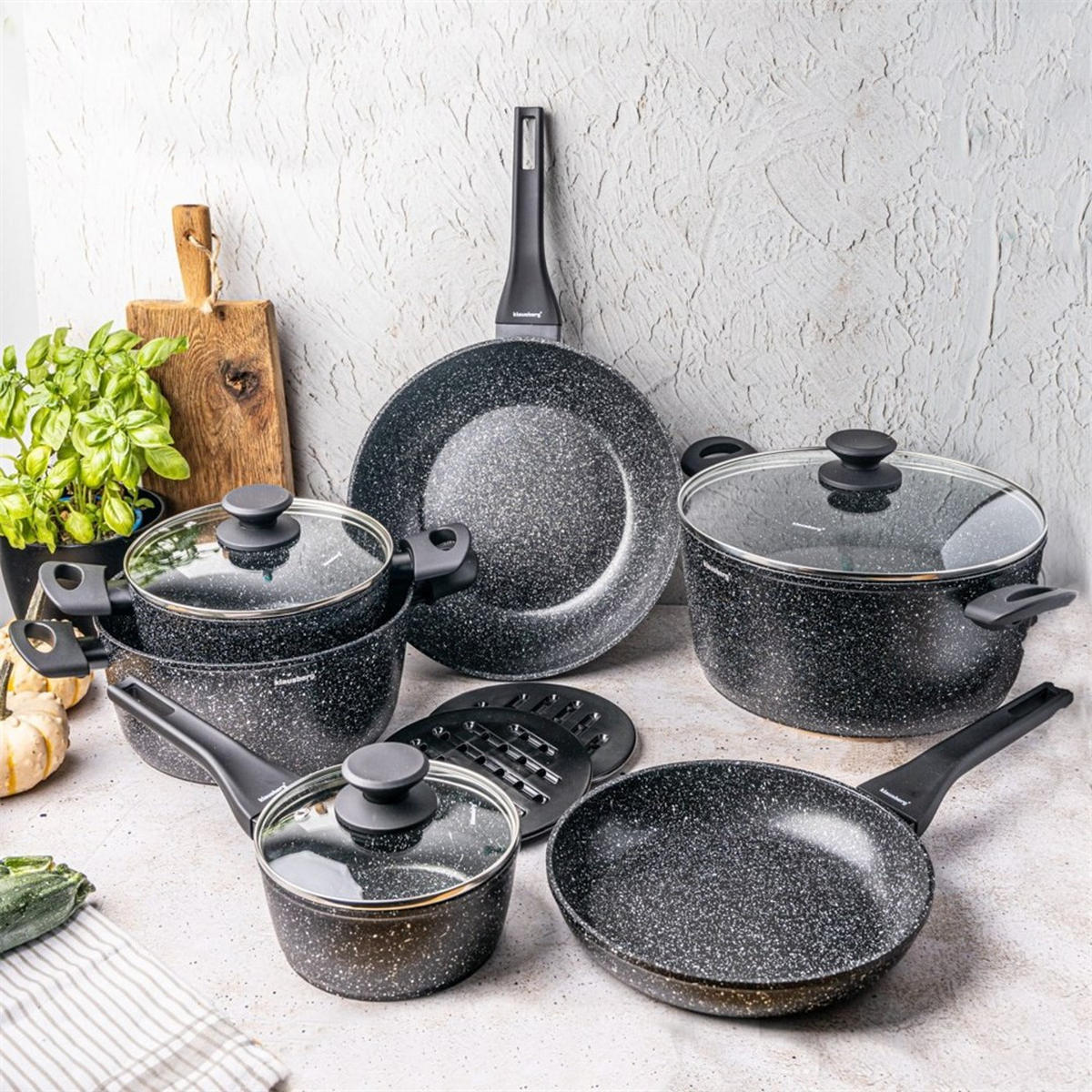 TOPFSET mit marmorierter Antihaftbeschichtung 12-teilig KB7659 - Schwarz, Metall - Klausberg 