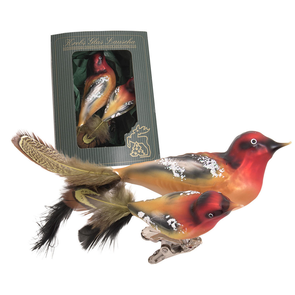 CHRISTBAUMSCHMUCK Doppelvogel Stieglitz Mehrfarbig 9cm (Glas / 1 Stk.) - Multicolor, Glas (6/4/9cm) - Krebs Glas Lauscha