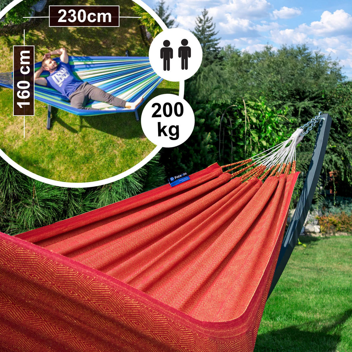 HÄNGEMATTE mit Gestell, 2 Personen, XXL, 200 kg, Metall, Medelin Chili, einfache Montage - Rot, Metall (370/130/120cm) - Potenza
