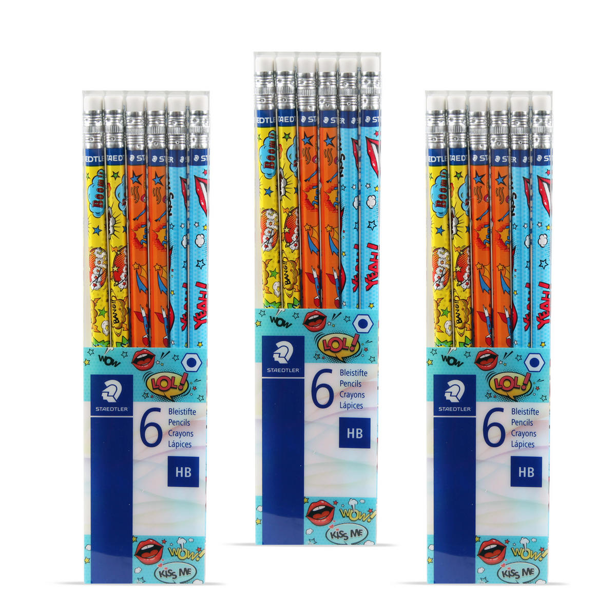 BLEISTIFT 3 x 6er Set Zeichenstifte aus Holz für Kinder und Erwachsende, Comic Design - Vorgespitzte Holzstifte mit Radiergummi zum Malen, Zeichnen - Gelb/Multicolor, Naturmaterialien (9/19cm) - Bestlivings