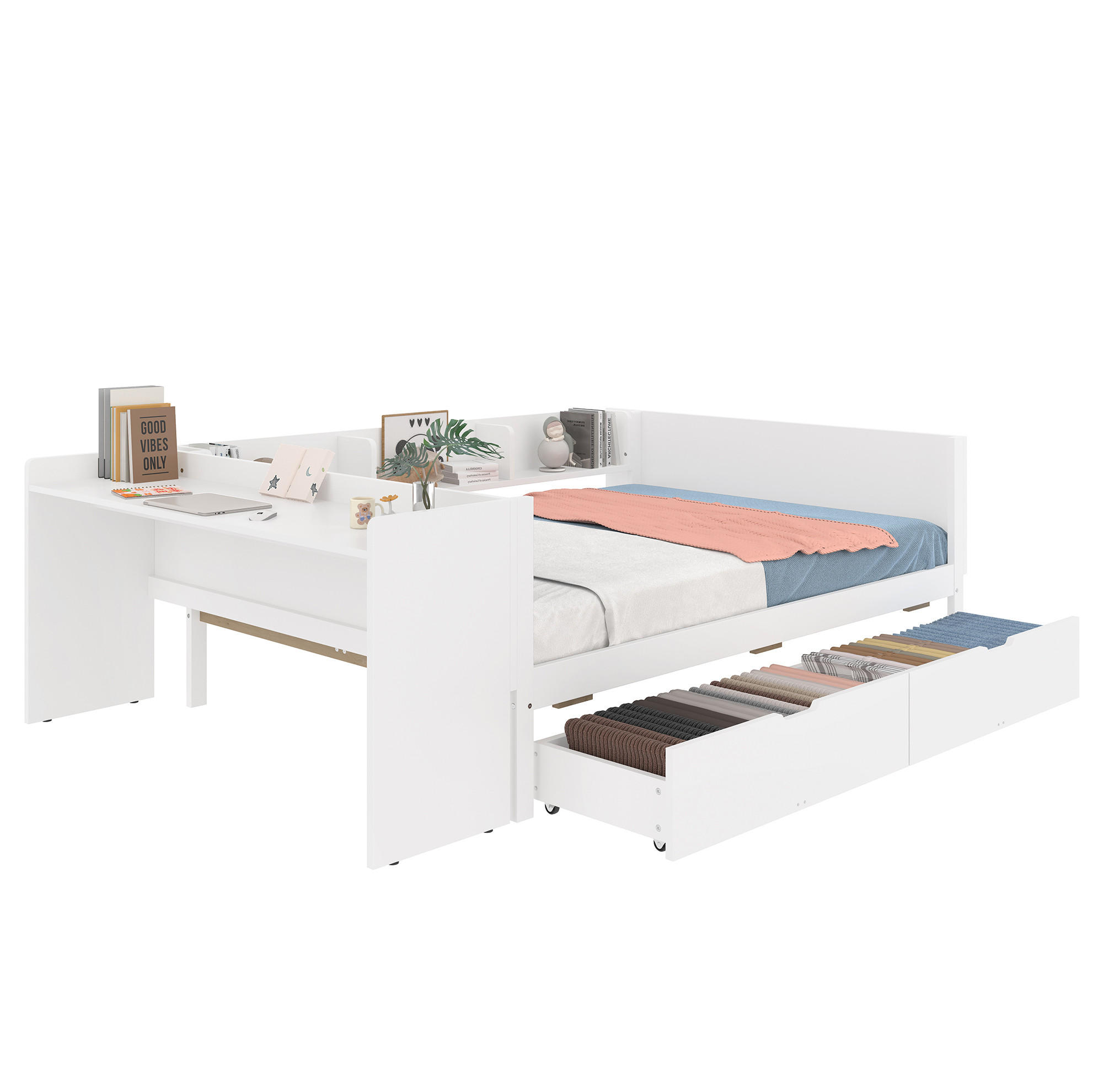 KINDERBETT Liegefläche 140/200 cm mit Schreibtisch, Regalen und 2 Schubladen - Weiß, Holz (140/200cm) - BEAOK