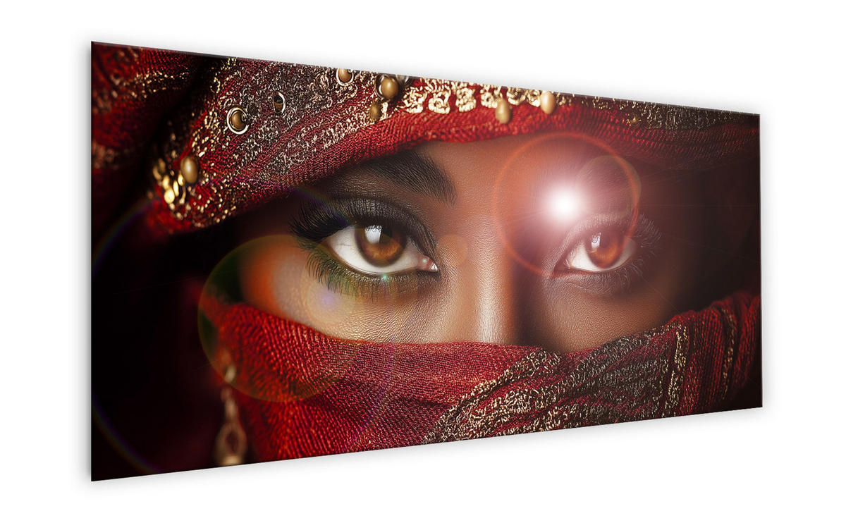 GLASBILD 125x50 cm Frau Tuareg rot gold - Goldfarben, Glas (125/50cm) - artissimo