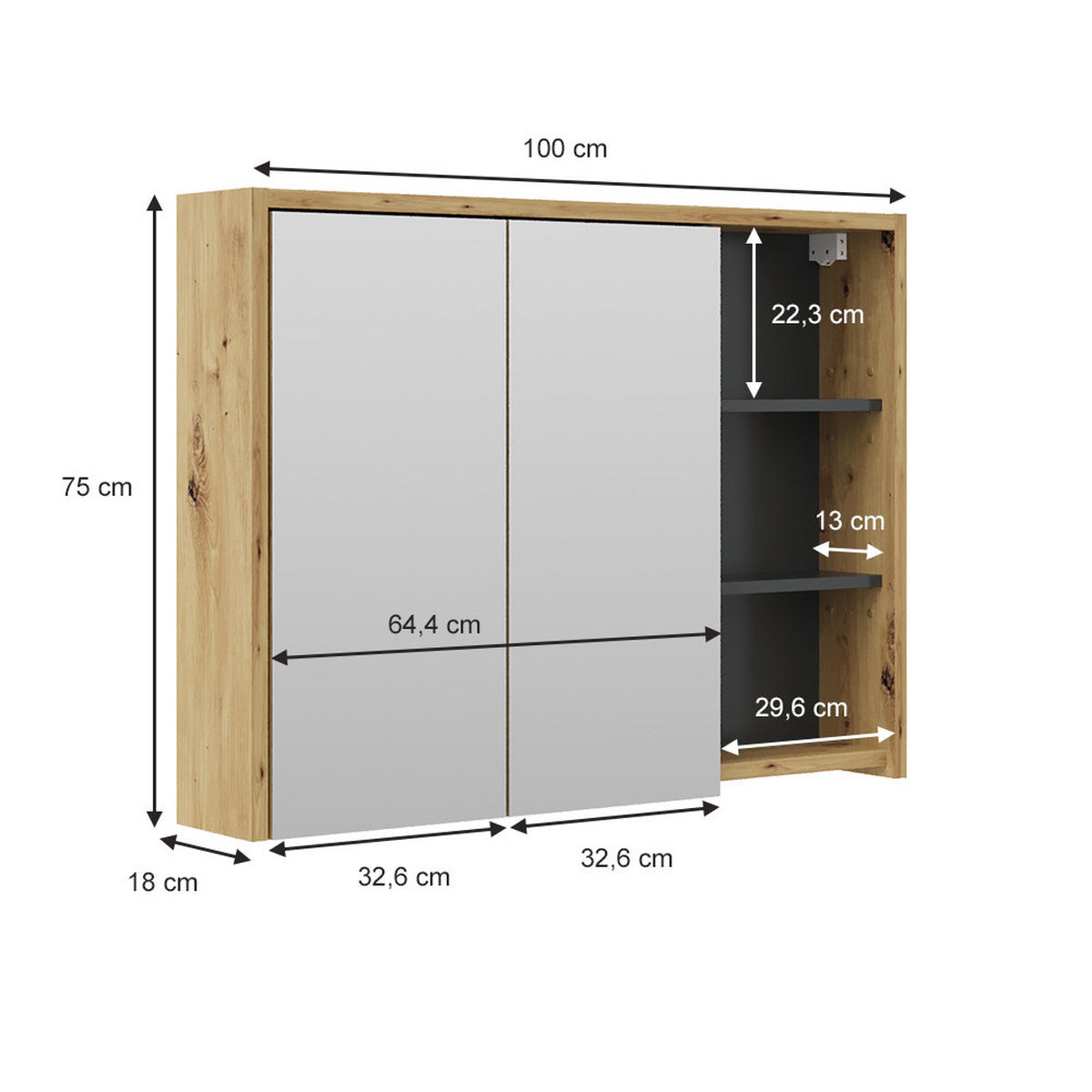 BADSPIEGELSCHRANK Viola Eiche/Anthrazit 100 x 75 cm - Eichefarben/Anthrazit, Holzwerkstoff (100/75/18cm) - Vicco