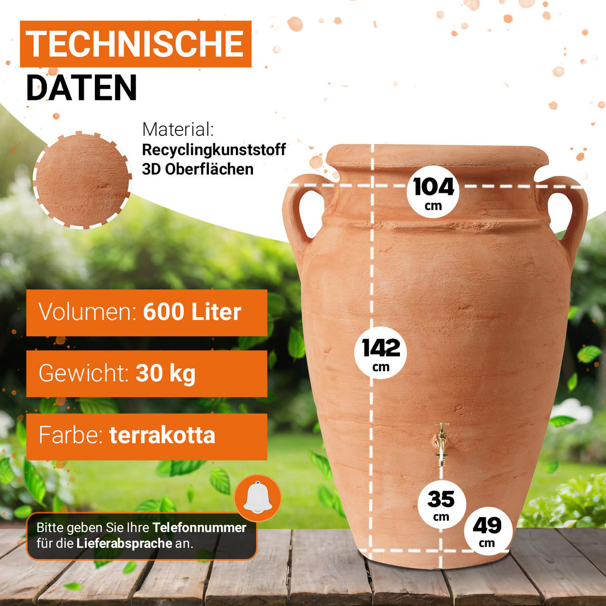 AMPHORE Regentonne 600 L, kotta - Terracotta, Kunststoff (92/142/92cm) - GARANTIA