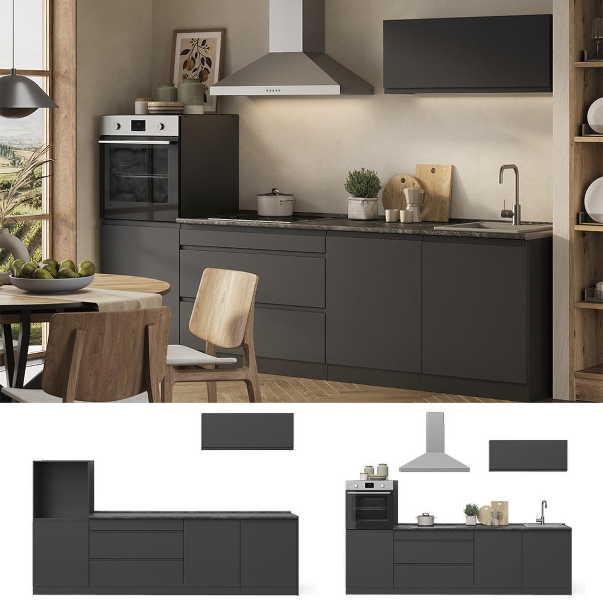 KÜCHENZEILE R-Line, Anthrazit/Anthrazit, 280 cm Arbeitsplatte Satin - Anthrazit, Holzwerkstoff (280/143/60cm) - Vicco