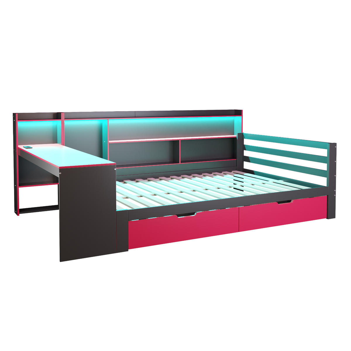 POLSTERBETT 140/200 cm mit Schreibtisch, Regalen, LED-Beleuchtung und USB-Steckdosen, Schwarz/Rot - Schwarz, Holzwerkstoff (140/200cm) - Redom