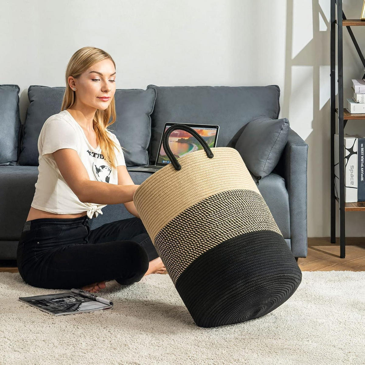 WÄSCHEKORB geflochten Baumwolle Z-Braun Schwarz 38 cm(D)x50 cm(H) - Multicolor, Textil (38/50/38cm)