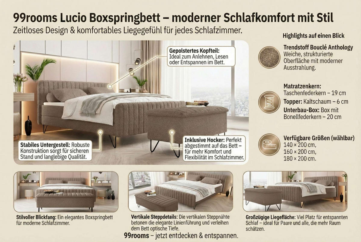 BOXSPRINGBETT LUCIO mit Hocker Bouclé-Stoff Rot 140/200 cm - Rot/Schwarz, Textil/Metall (140/200cm) - 99rooms