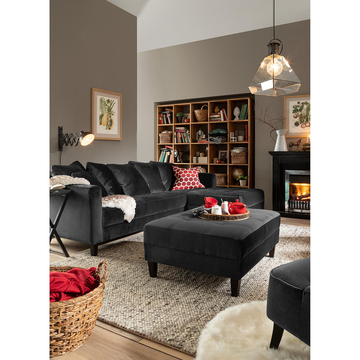 ECKSOFA mit Ottomane - Samt - Anthrazit, Textil (254/165cm) - home24