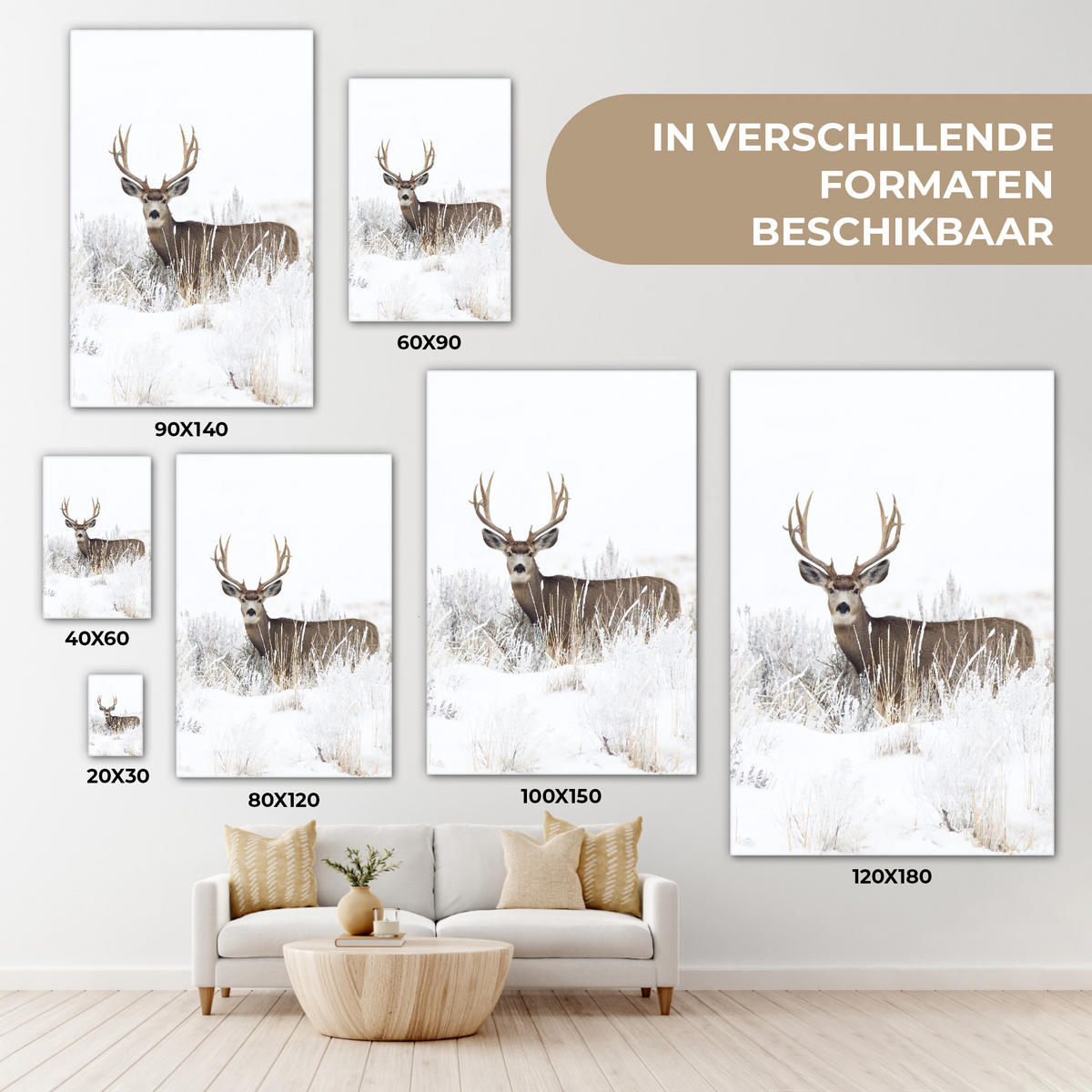 LEINWANDBILD Hirsche - Winter - Schnee - Tiere - Jahreszeiten - Weiß Wanddeko Schlafzimmer 60x90 cm - Hellbraun, Textil (60/90cm) - MuchoWow