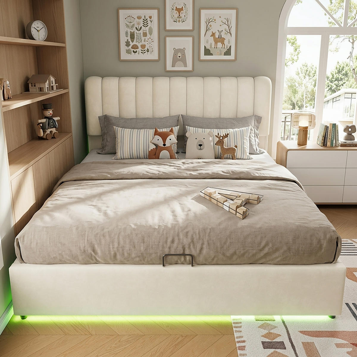 POLSTERBETT 140/200 cm in Beige mit Bettkasten, 3 Schubladen und LED aus Samt - Beige, Holzwerkstoff/Textil - STILVORA