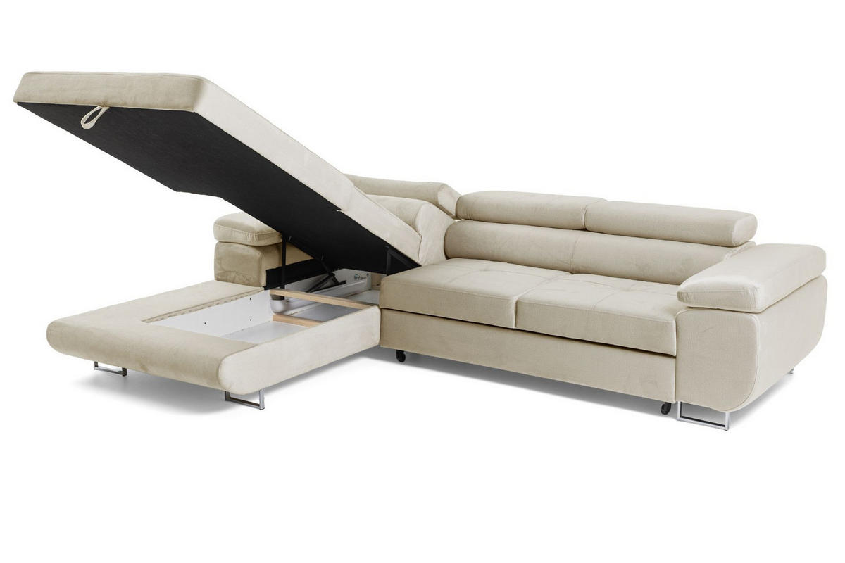 ECKSOFA ALONZO L Links mit Schlaffunktion 125x195 Velours Beige - Beige/Silberfarben, Holz/Textil (275/203cm) - Muffo