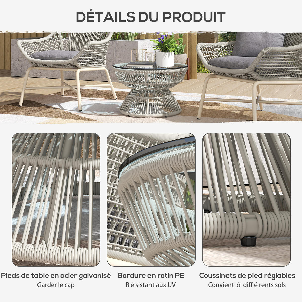 GARTENBEISTELLTISCH DE-13612 rund mit Glasplatte Natur - Hellgrau, Kunststoff/Metall (60/60/37cm) - ComfortXL
