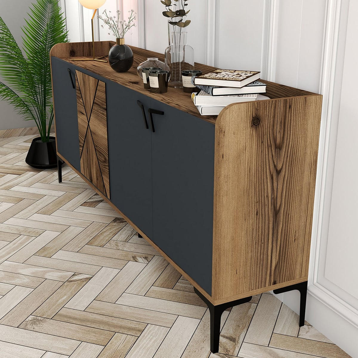 SIDEBOARD 4 Türen L180 cm - Venedik - Anthrazit, Holzwerkstoff (35/78/180cm) - Calicosy
