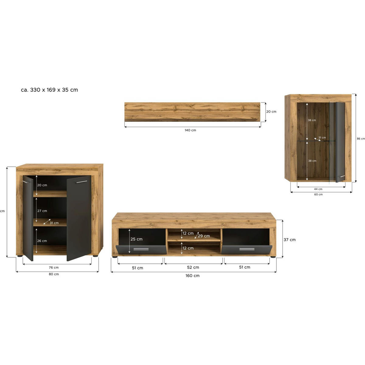 WOHNWAND Jam 35/330/169 cm - Grau, Holzwerkstoff (330/169/35cm) - Xonox