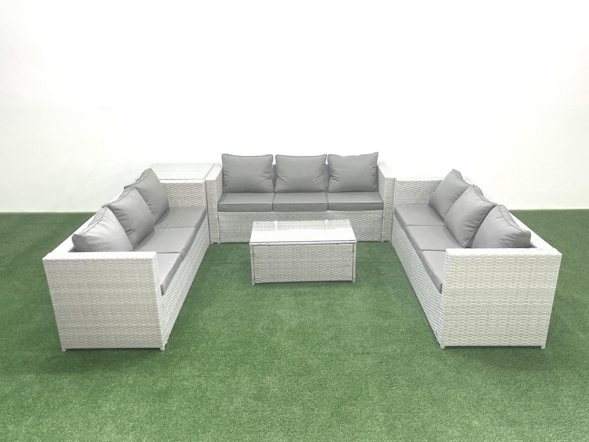 GARTENSET mit 3-SITZER SOFA,COUCHTISCH Polyrattan Hellgrau-Mix 9-Sitzer - Hellgrau/Grau, Glas/Kunststoff - Fimous