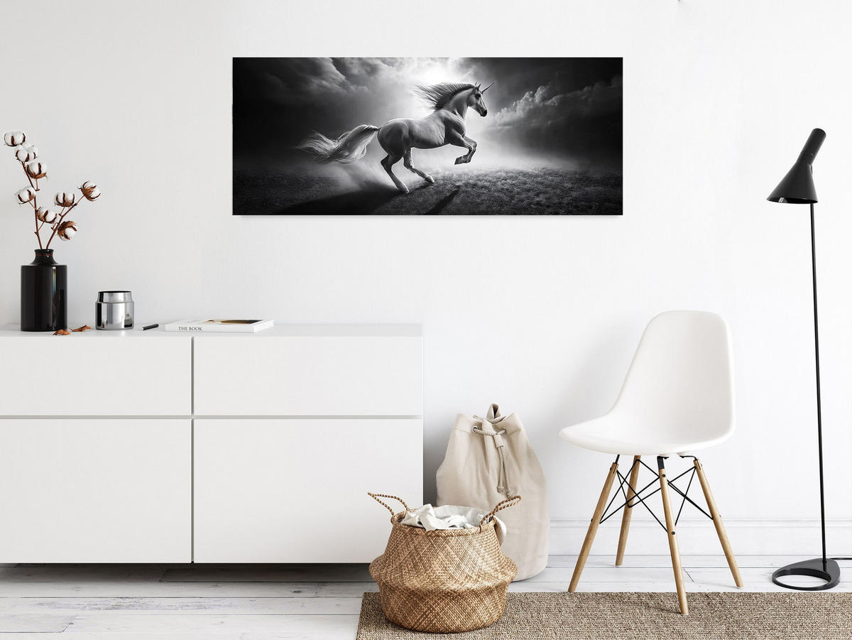 GLASBILD 125x50 cm Einhorn schwarz weiß - Weiß, Glas (125/50cm) - artissimo