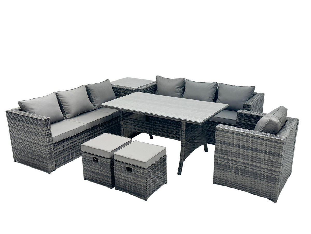 SITZGRUPPE Polyrattan Dunkelgrau 9-Sitzer - Dunkelgrau/Grau, Glas/Kunststoff - Fimous
