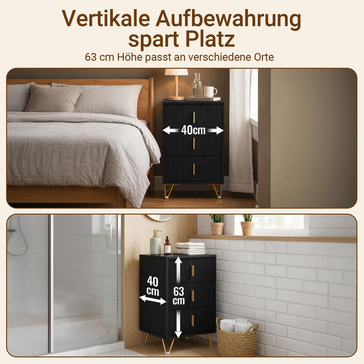 NACHTTISCH mit 3 Schubladen FBT115-L-SCHx2 - Schwarz, Holzwerkstoff (40/63/36cm) - SoBuy